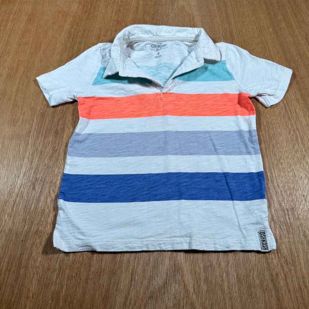 OshKosh B'gosh Polo Shirt Boys Size 6 White Striped Short Sleeve Cotton Slub